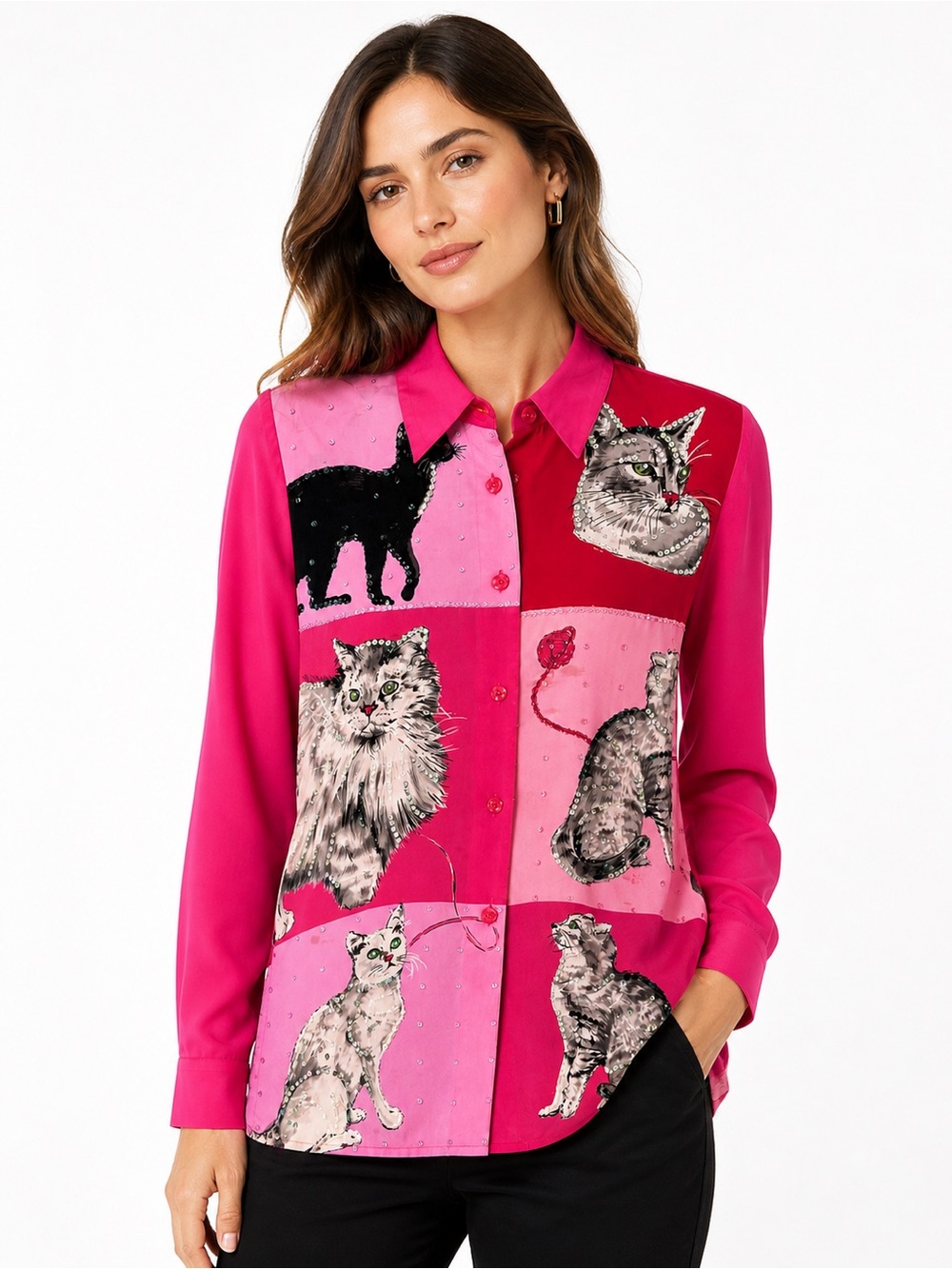 100% Silk Cat Print Button-Up Blouse Size S Pink Sequin Embellished